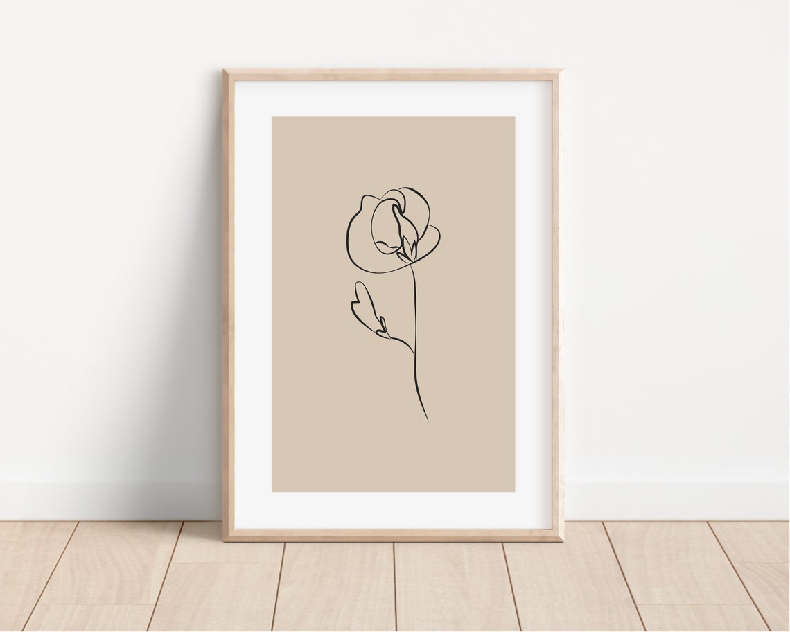 Single Line Rose Bloom Drawing Taupe Minimalist Floral Decor Poster