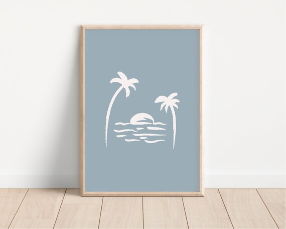 Dusty Blue Palm Tree Sunset Poster Beachy Boys Nursery Coastal Art