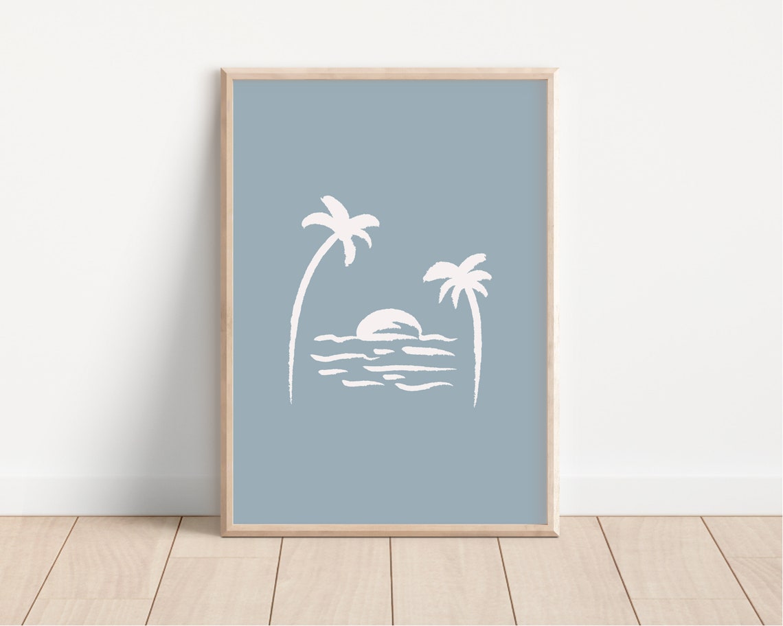 Dusty Blue Palm Tree Sunset Poster Beachy Boys Nursery Coastal Art