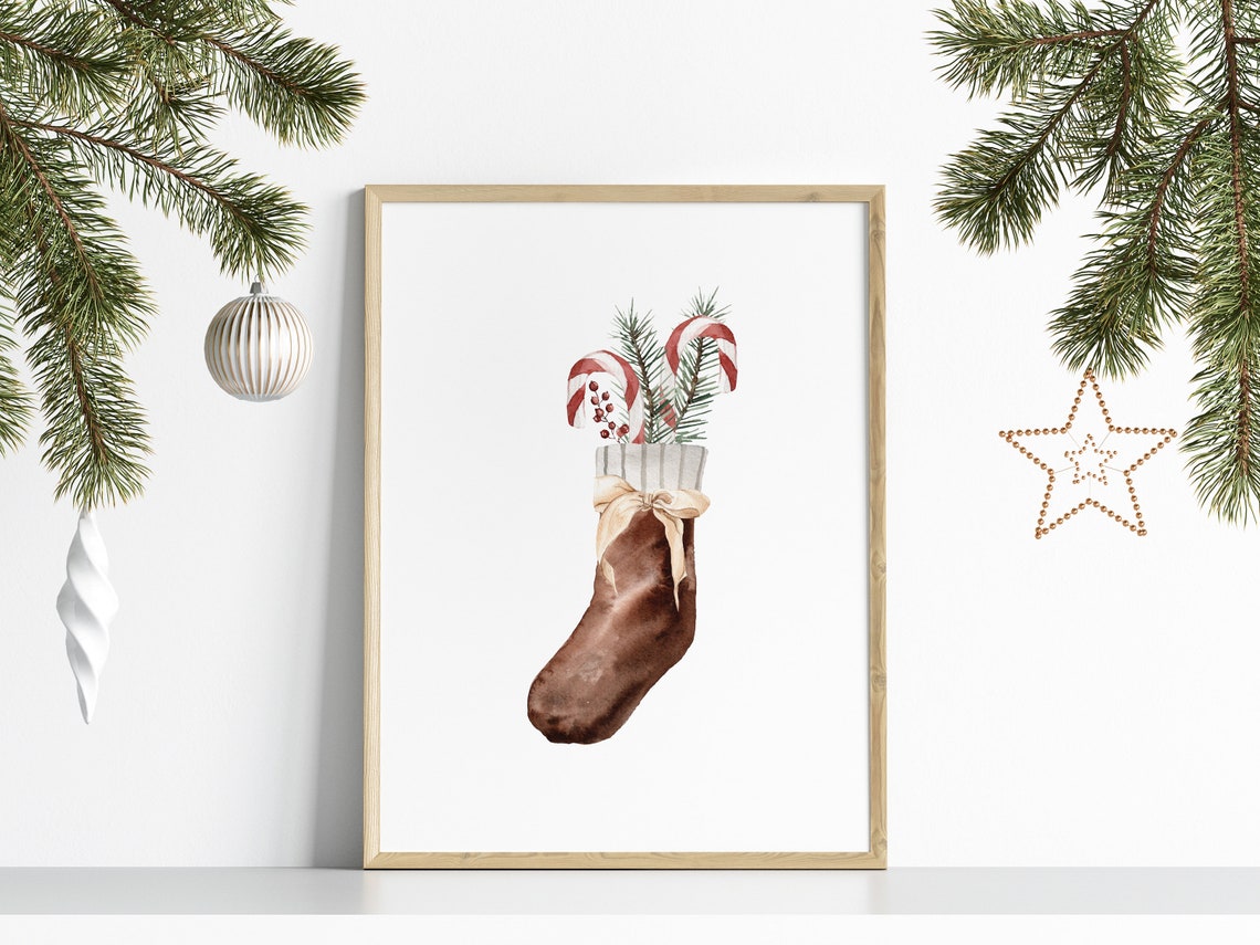 Christmas Stocking Watercolor Candy Cane Pine Holiday Decor Poster