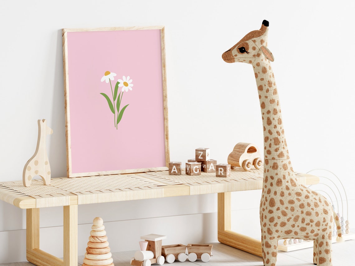 Pink Daisy Minimalist Floral Boho Nursery Girls Bedroom Poster - Image 4