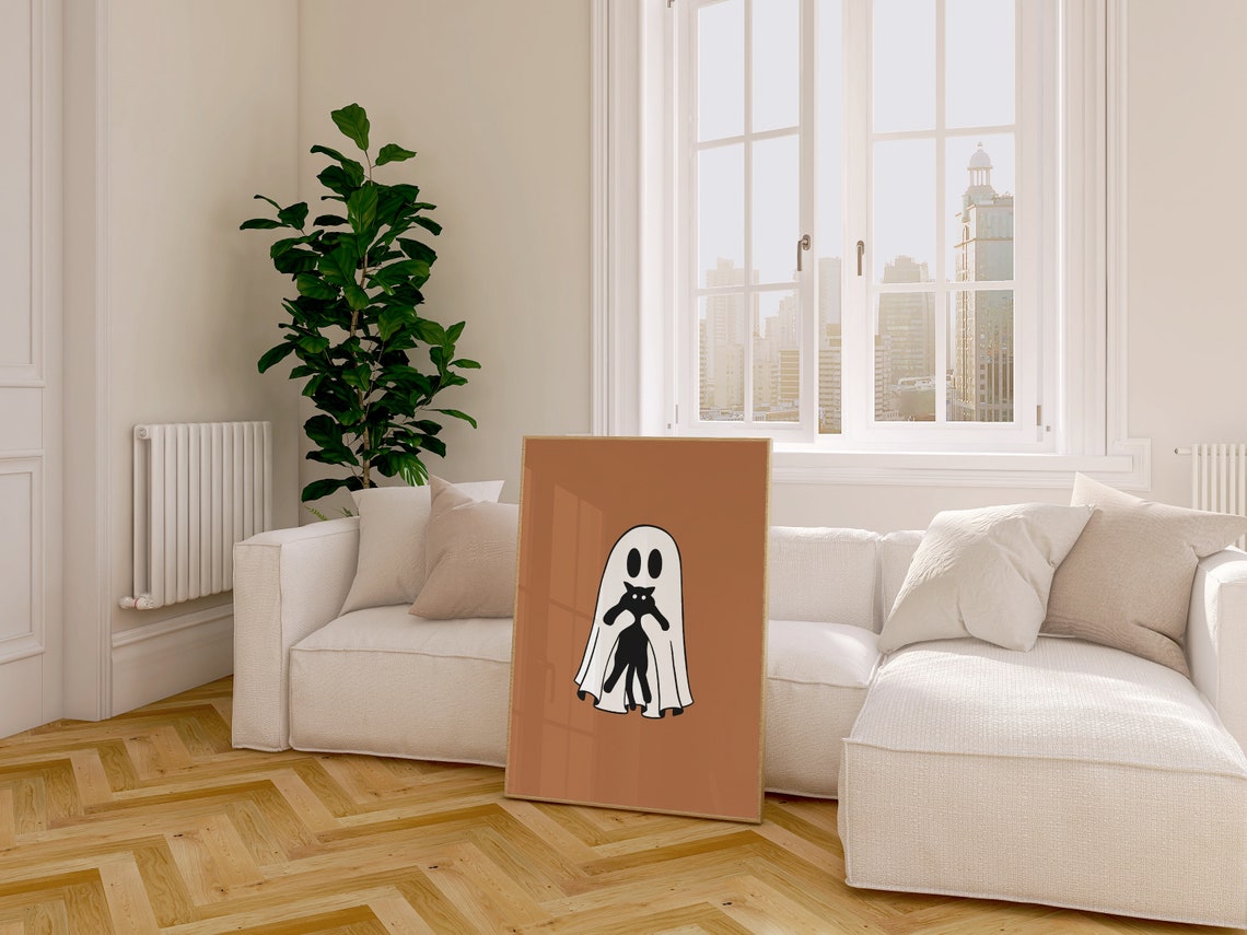 Halloween Ghost Holding Cat Caramel Brown Fall Background Poster - Image 3