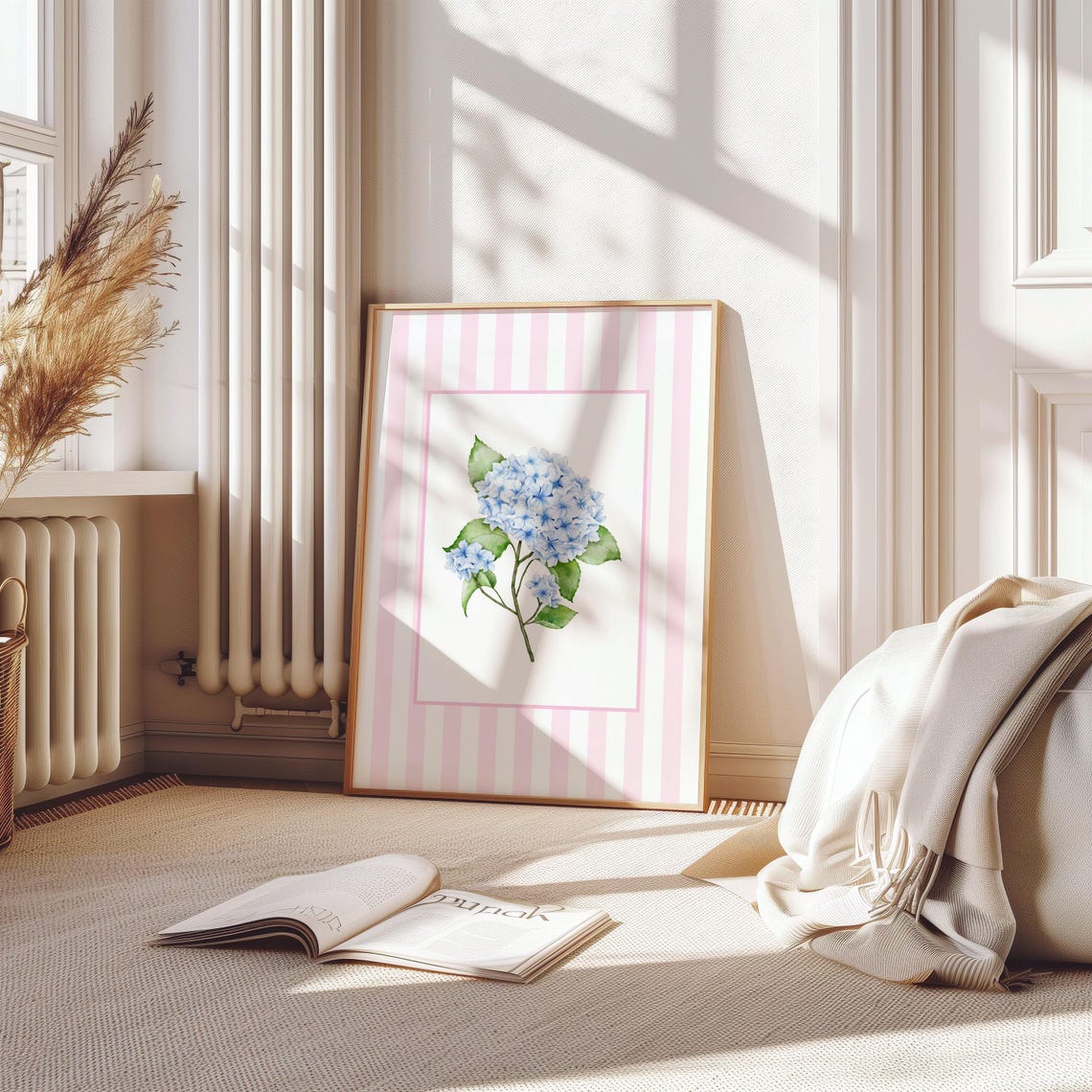Blue Hydrangea Watercolor Pink Striped Preppy Floral Bedroom Poster