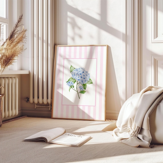 Blue Hydrangea Watercolor Pink Striped Preppy Floral Bedroom Poster