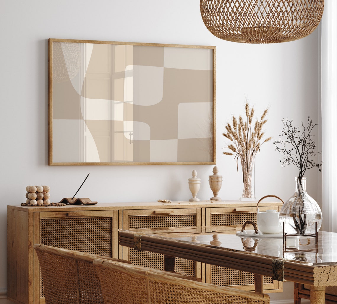 Beige Neutral Abstract Geometric Wavy Checker Modern Decor Poster