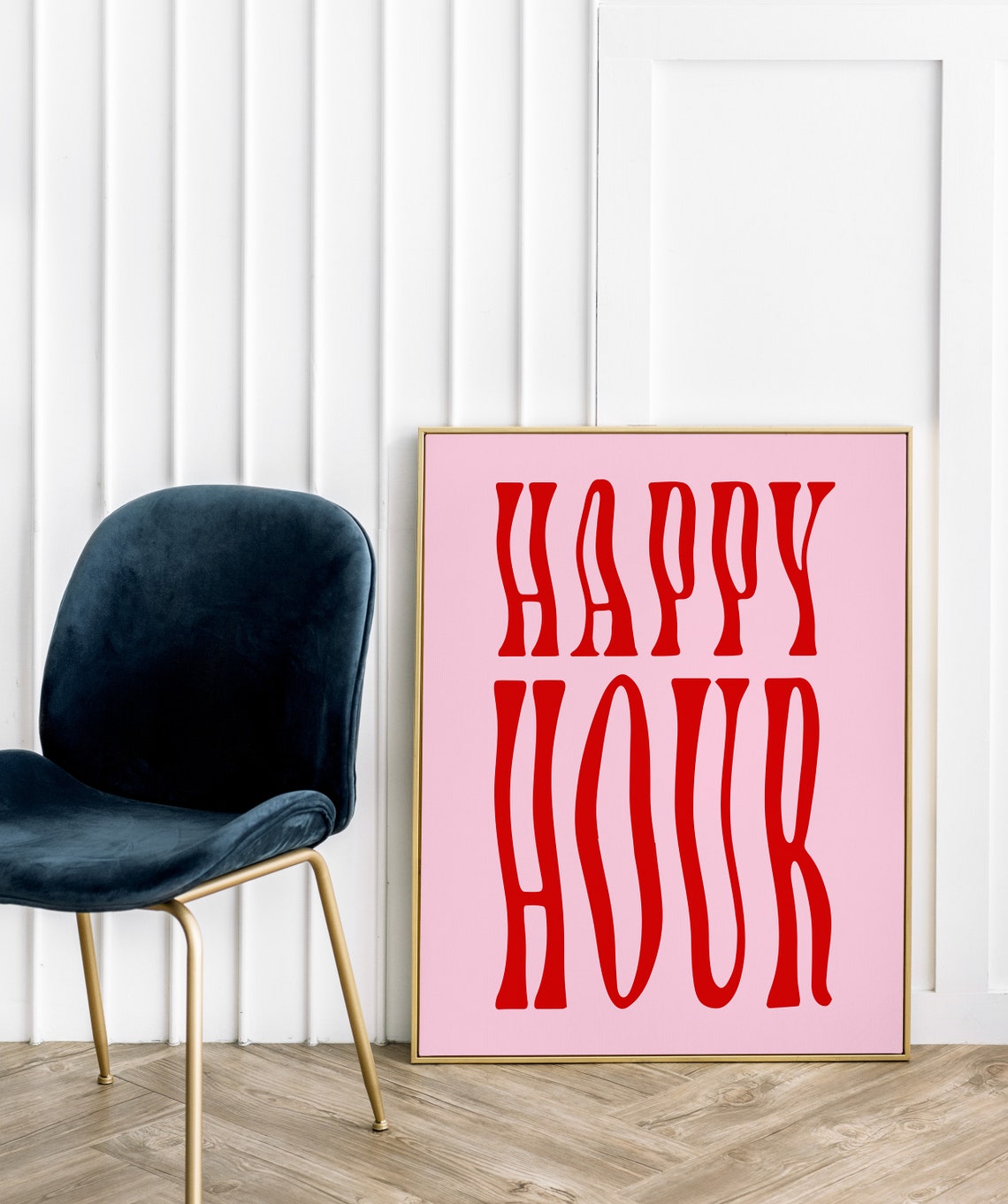 Happy Hour Red Groovy Retro Letters Pink Bar Cart Party Decor Poster