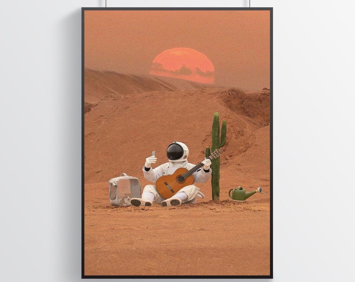 Astronaut Playing Guitar on Mars Red Planet Surreal Space Poster