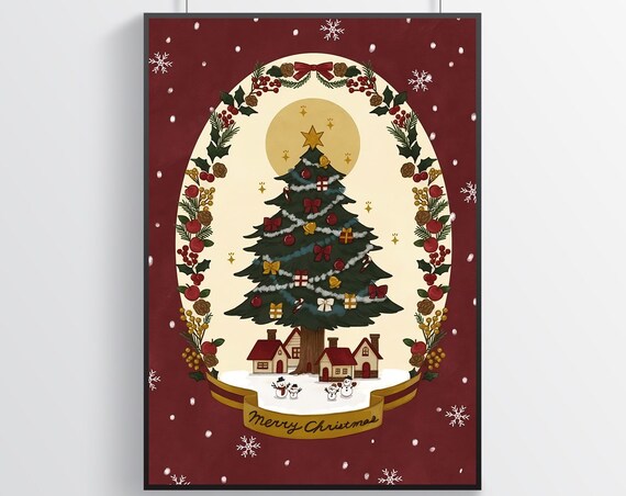 Merry Christmas Vintage Decorated Tree Holly Wreath Holiday Poster