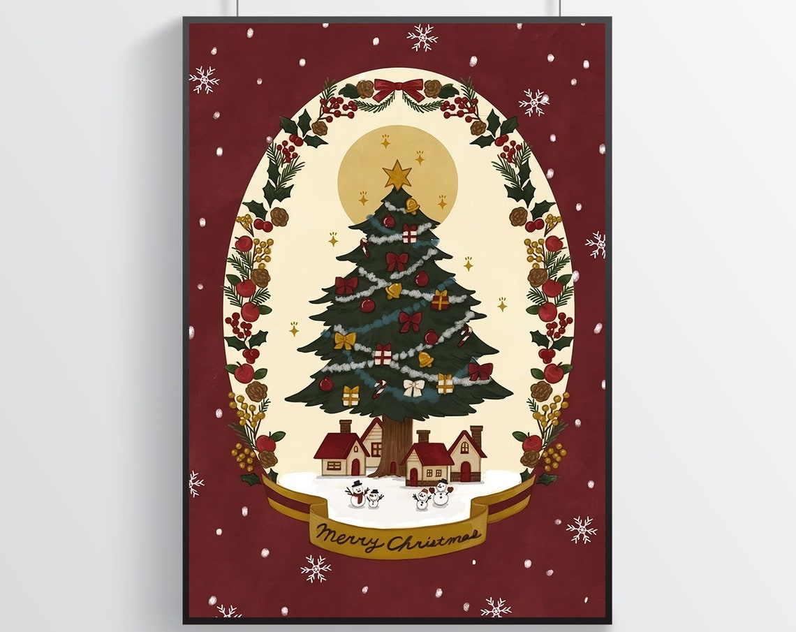 Merry Christmas Vintage Decorated Tree Holly Wreath Holiday Poster