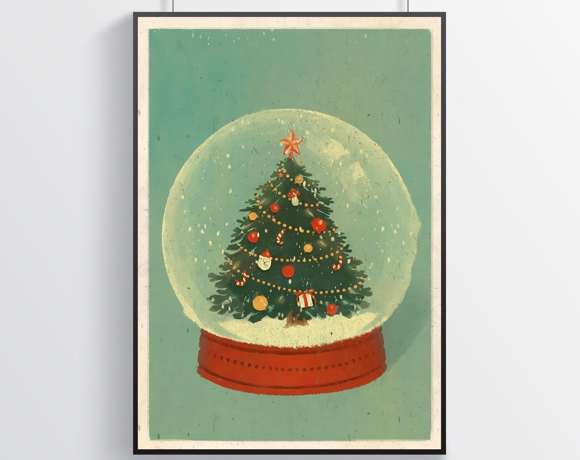 Vintage Christmas Snow Globe Decorated Tree Retro Holiday Art Poster
