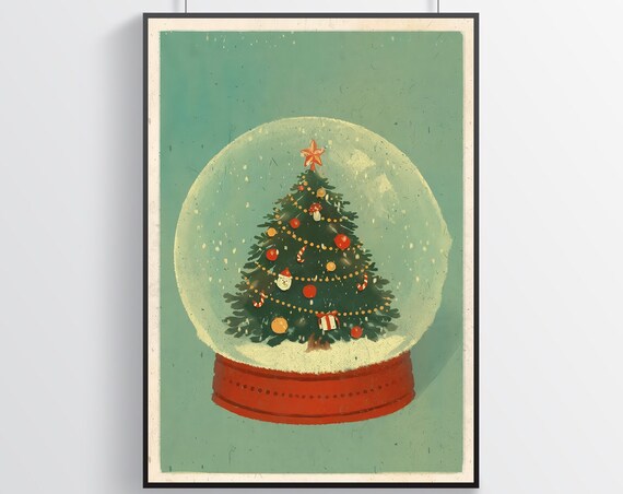 Vintage Christmas Snow Globe Decorated Tree Retro Holiday Art Poster