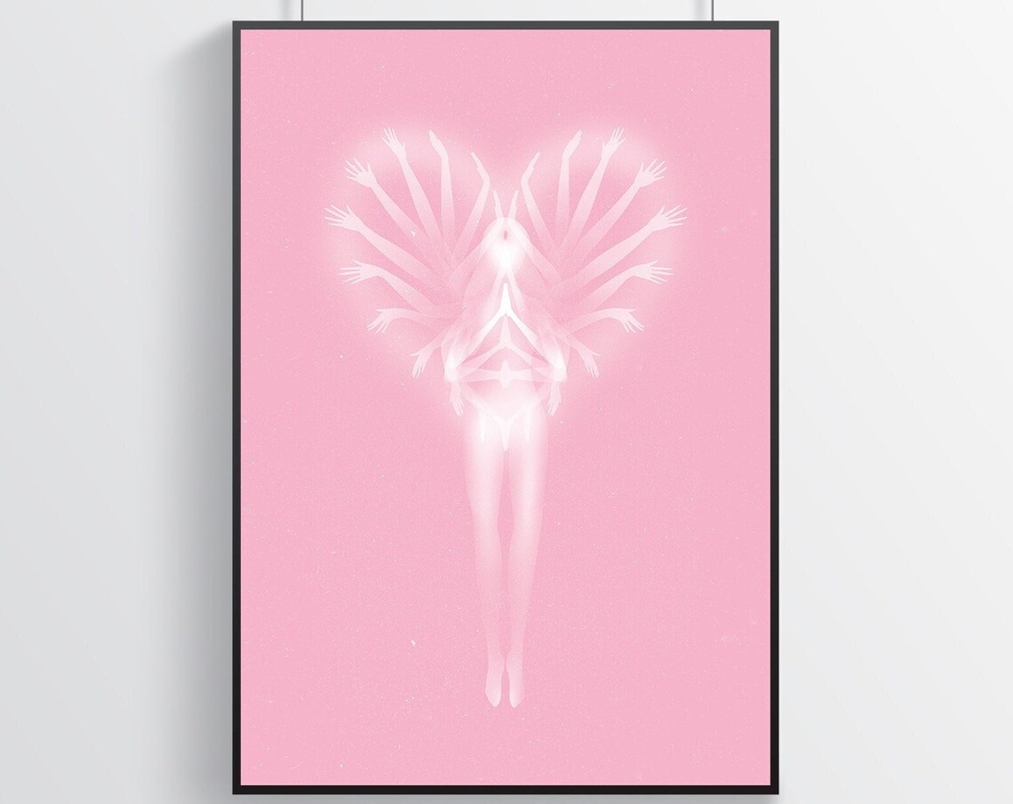 Glowing White Angel Heart Shape Spiritual Ethereal Pink Art Poster