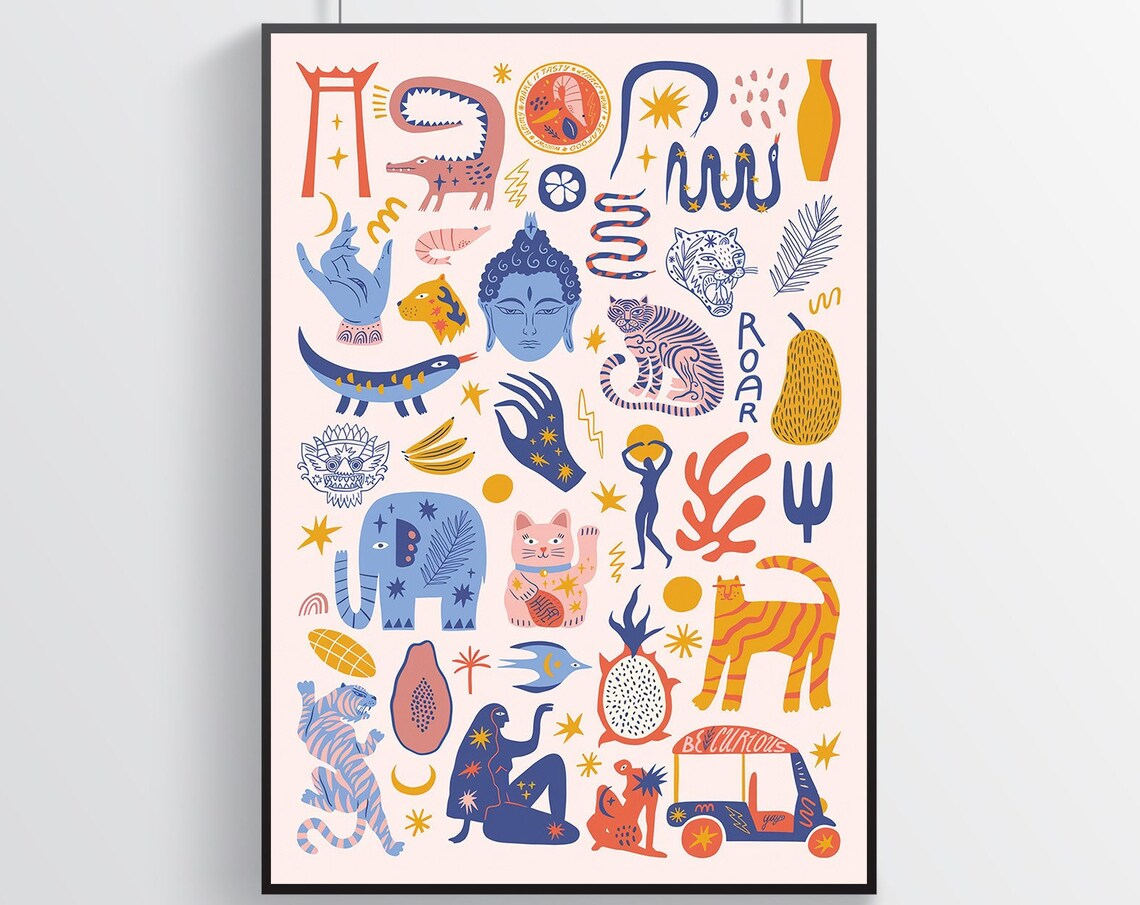 Asia Travel Icon Doodle Buddha Tiger Elephant Tuk Tuk Collage Poster