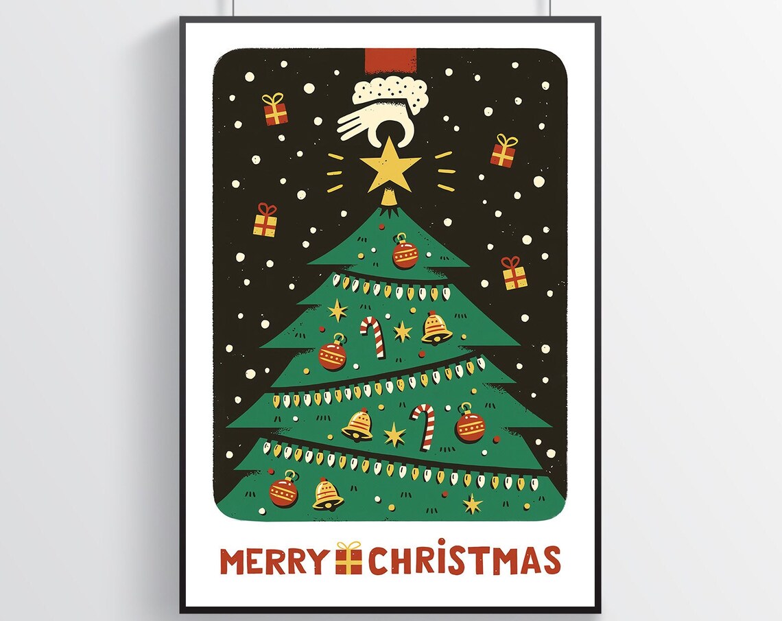 Merry Christmas Decorated Tree Star Topper Vintage Holiday Poster