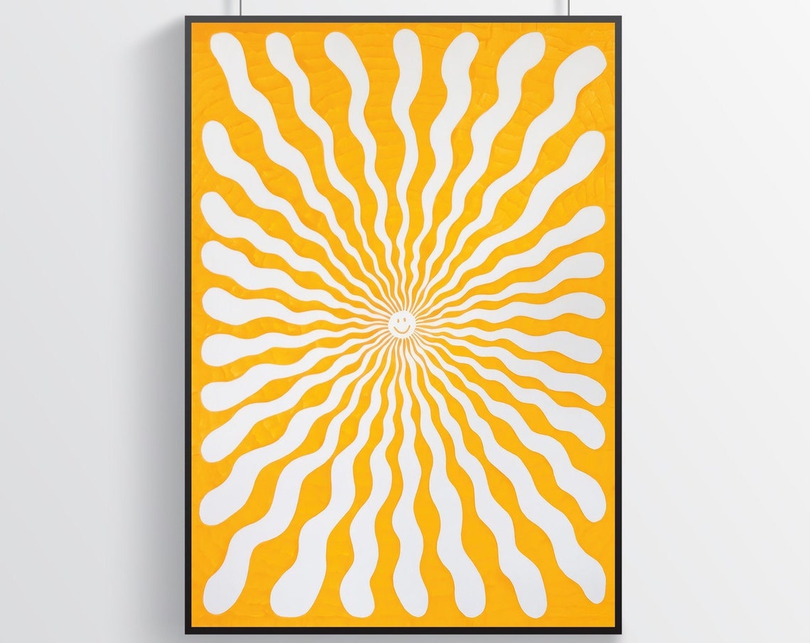 Smiling Sun Face Radiating Wavy Rays Yellow Retro Art Poster