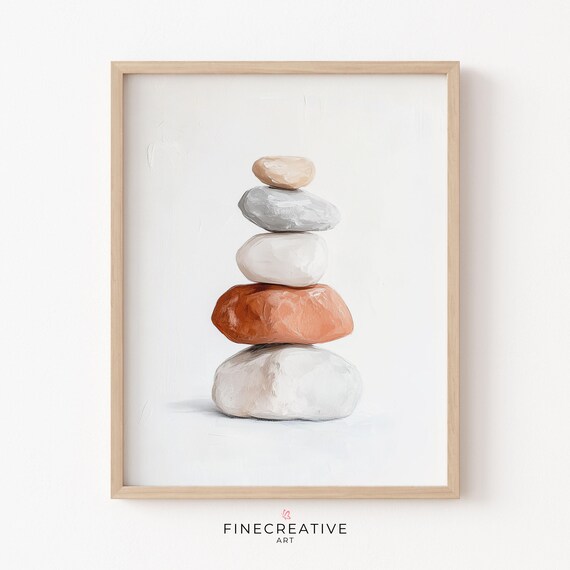Balanced Stone Cairn Neutral Tones Minimalist Zen Painting Poster