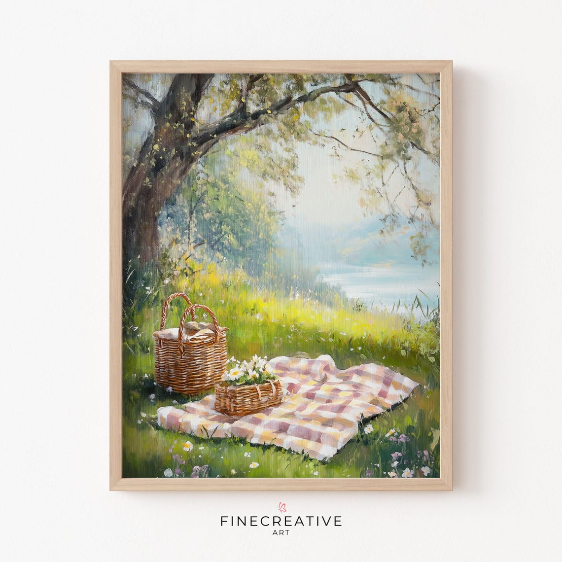 Spring Picnic Basket and Blanket by the Lake Under a Tree Poster