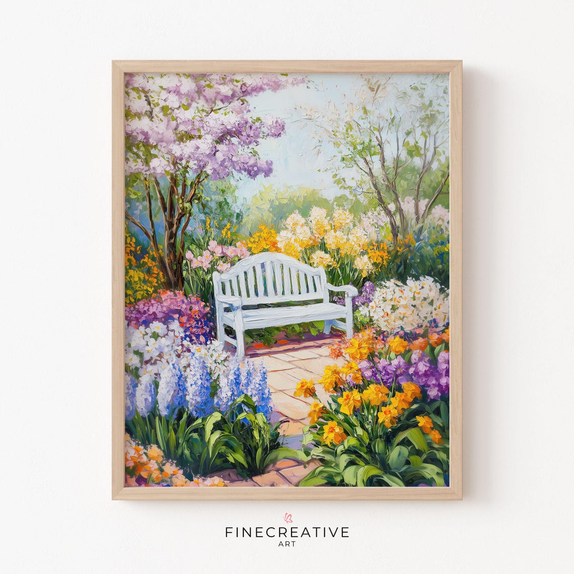 White Garden Bench Surrounded by Colorful Spring Flowers Poster