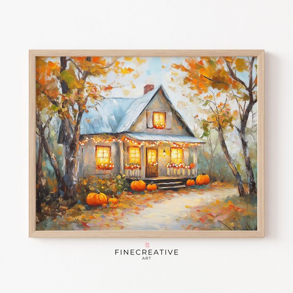 Fall Cottage Pumpkins String Lights Autumn Cozy Painting Poster