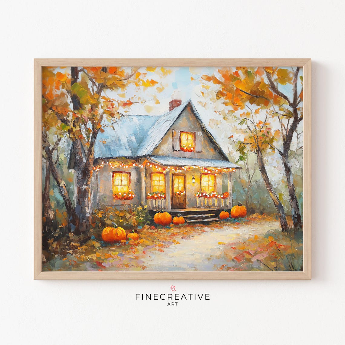 Fall Cottage Pumpkins String Lights Autumn Cozy Painting Poster