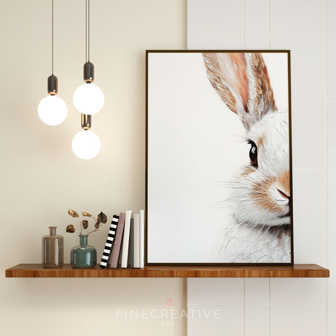 Minimalist White Bunny Close Up Thick Textured Painting Wall Art - Image 4