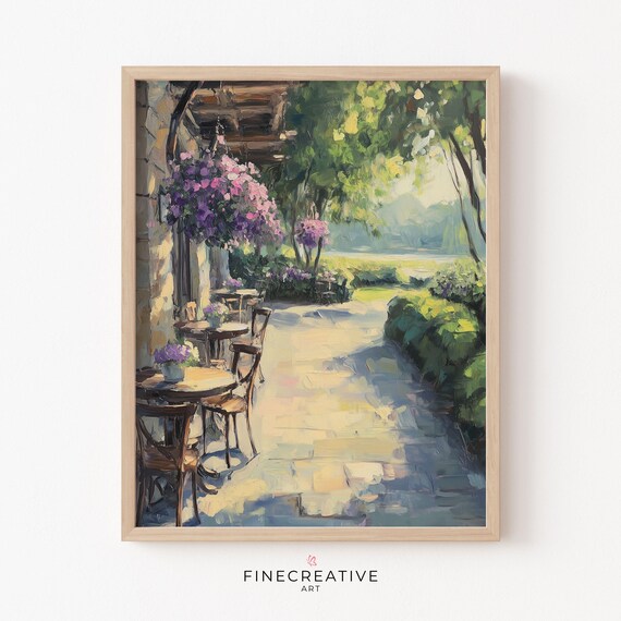 French Bistro Terrace With Flower Baskets by the Lake Poster