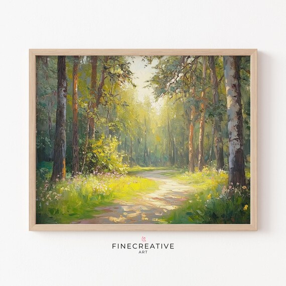 Sunlit Forest Path Through Birch Trees in Morning Light Poster