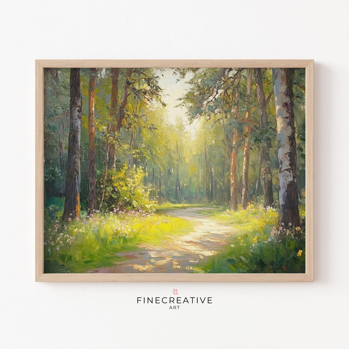 Sunlit Forest Path Through Birch Trees in Morning Light Poster