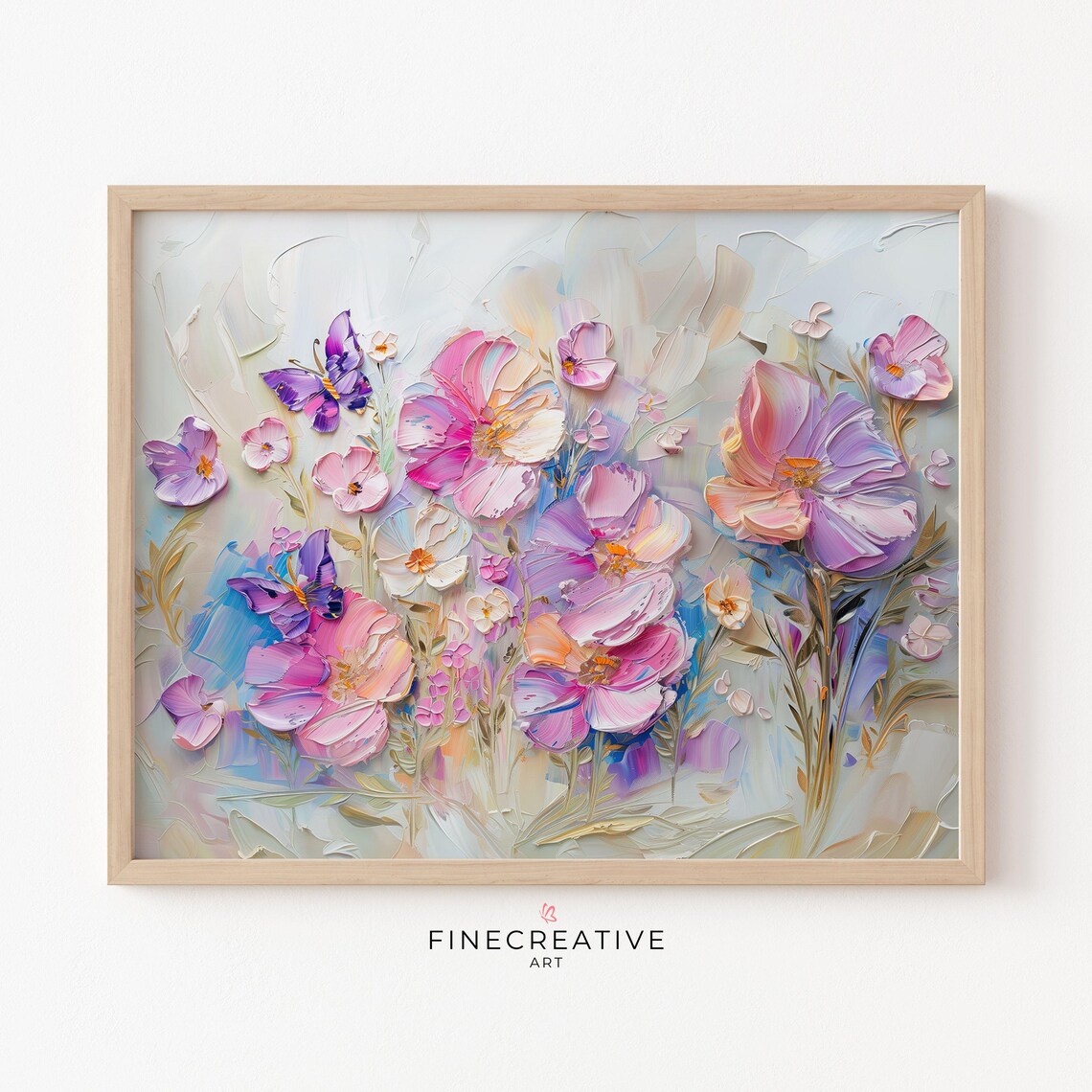Pink and Purple Flower Meadow With Butterflies Impasto Painting Poster