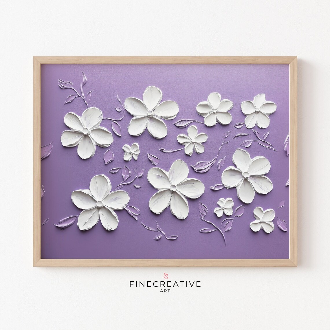 White 3D Flowers Purple Background Textured Floral Art Poster