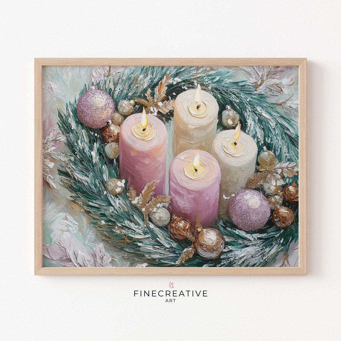 Pink and Cream Candles in Snowy Evergreen Wreath Festive Poster