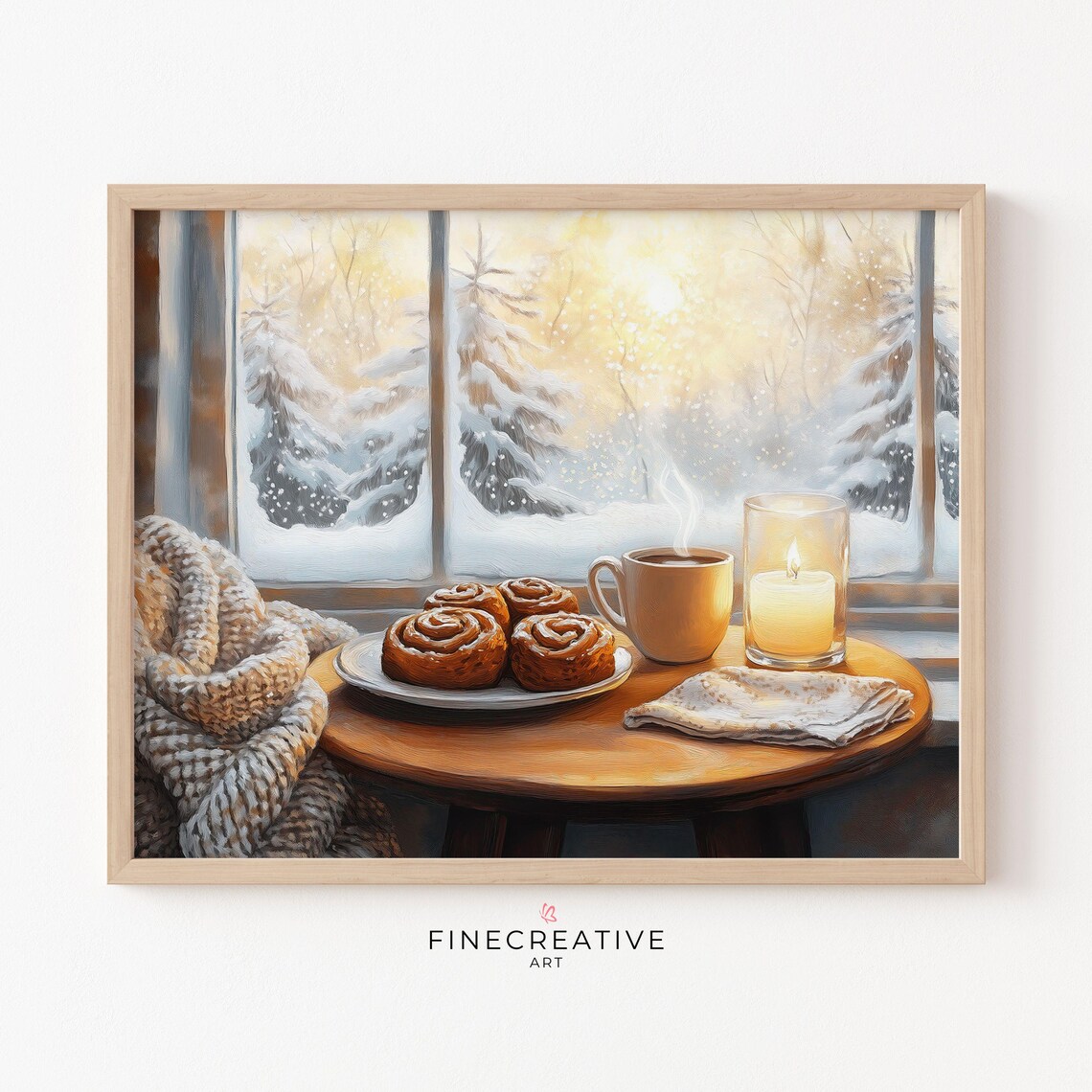 Cozy Winter Kitchen Window Coffee Cinnamon Rolls Painting Hygge Wall Poster