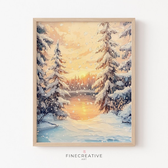 Winter Snow Pines Sunset Lake Impasto Landscape Painting Poster