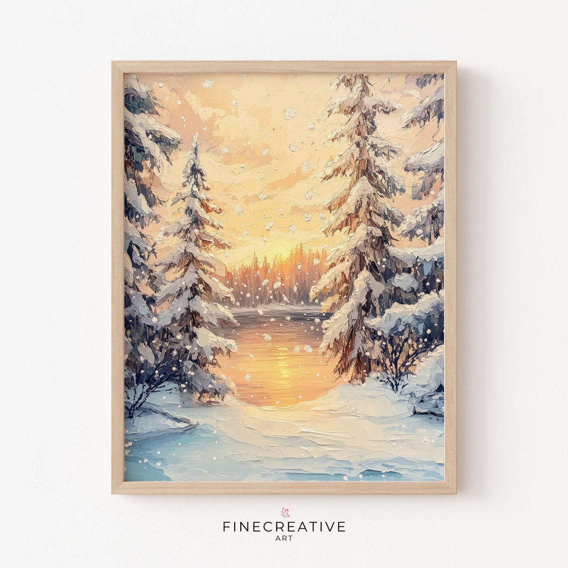 Winter Snow Pines Sunset Lake Impasto Landscape Painting Poster