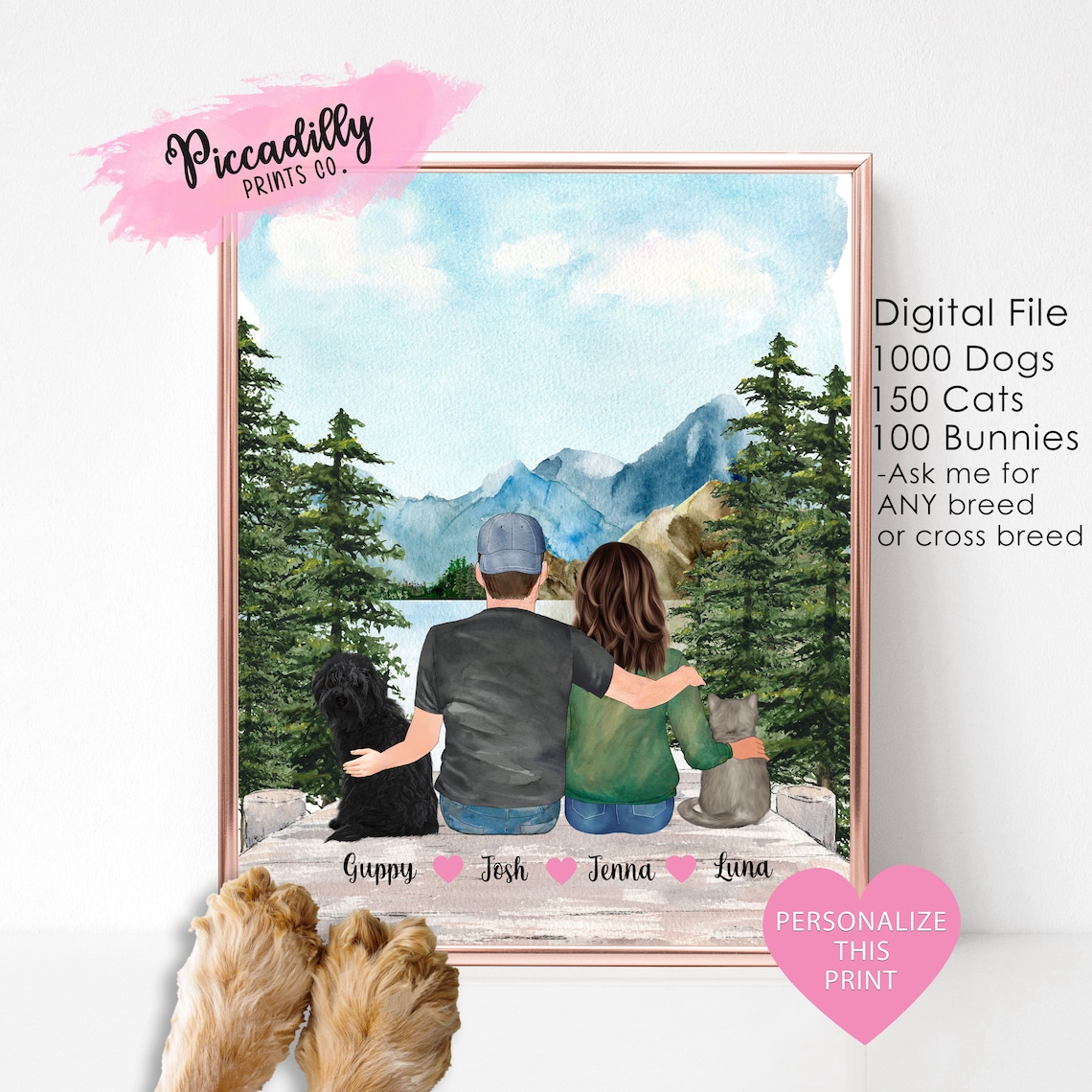Custom Couple With Dog Adventure Print, Mountain Lake