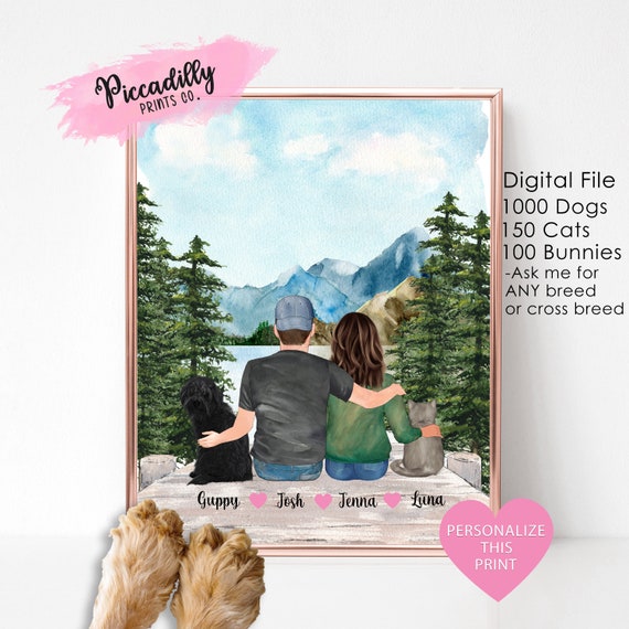 Custom Couple With Dog Adventure Print, Mountain Lake