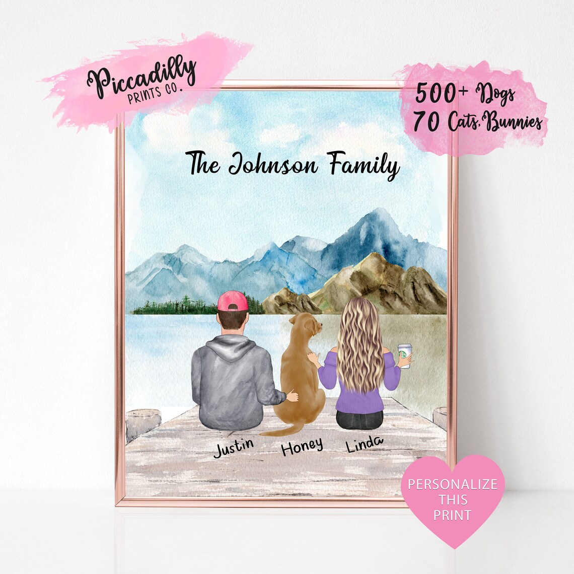 Custom Family Portrait With Pets, Mountain Lake Print