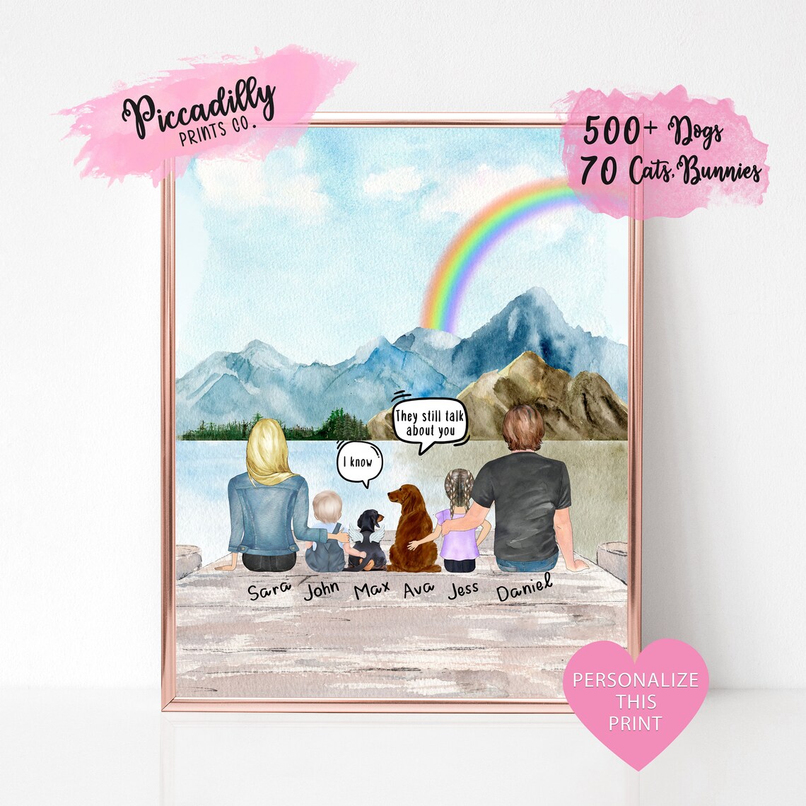 Custom Family Portrait With Pets Memorial Art Print