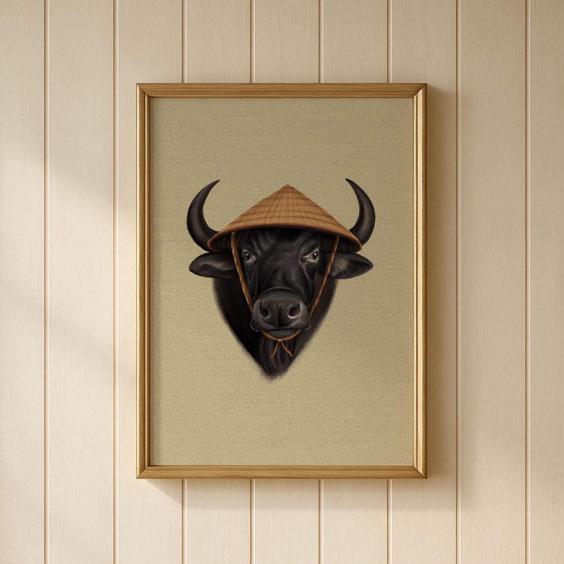 Water Buffalo Wearing Conical Hat Facing Front Portrait Wall Art