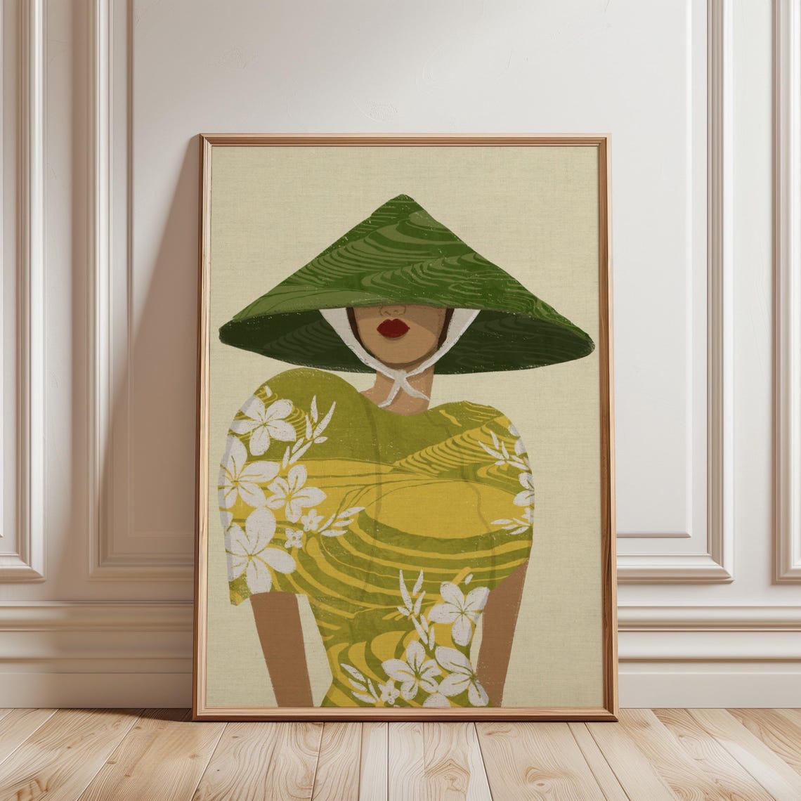 Woman in Conical Hat Yellow Floral Portrait Illustration Wall Art