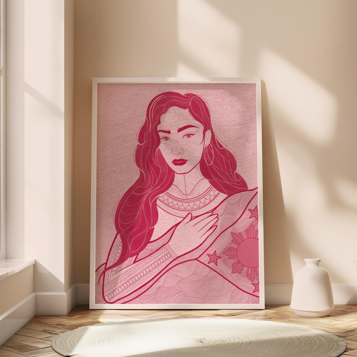 Pink Filipina Woman with Philippine Flag Line Art Portrait Poster
