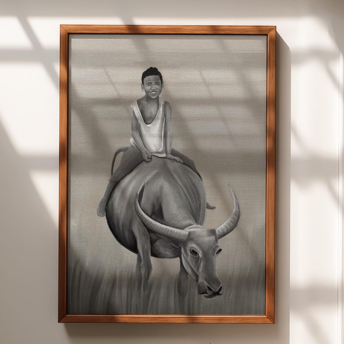 Boy Riding Water Buffalo Sepia Charcoal Countryside Wall Art