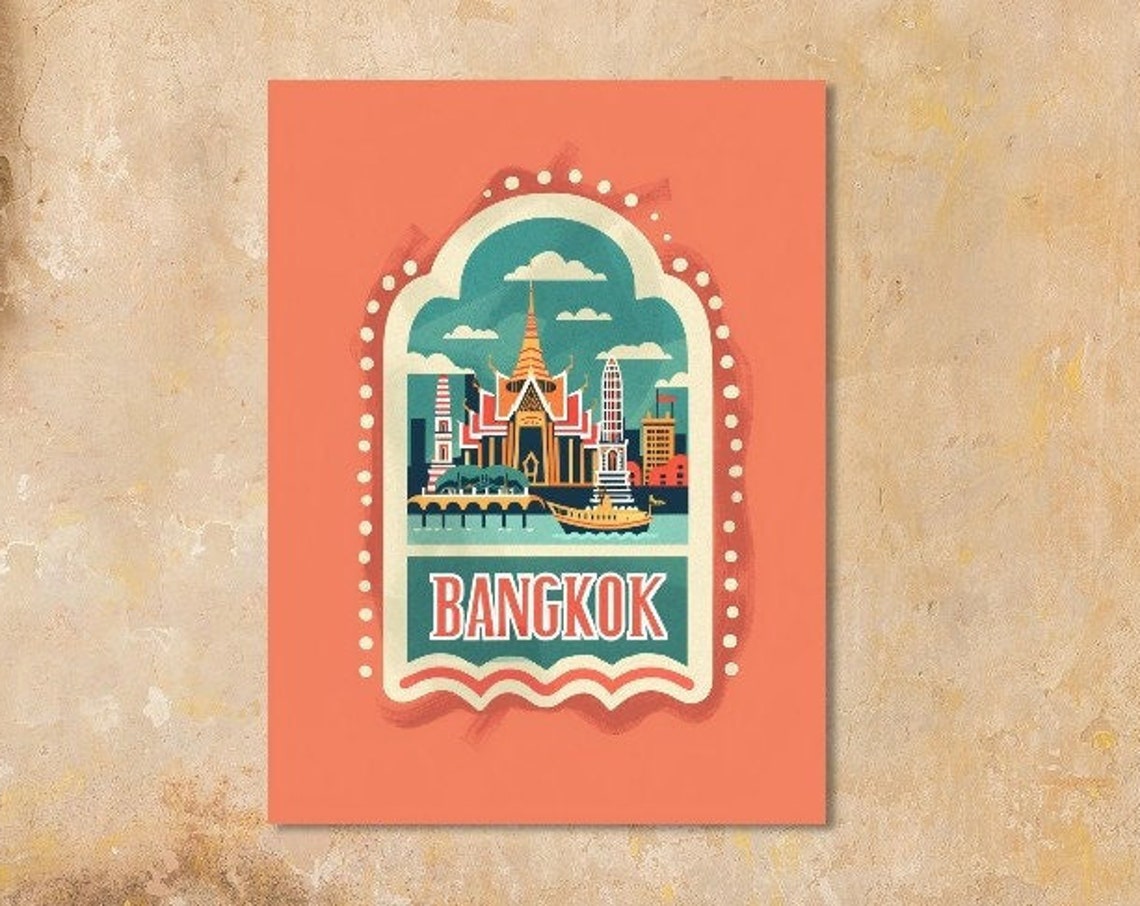 Bangkok Thailand Temple River Boat Vintage Arch Travel Poster