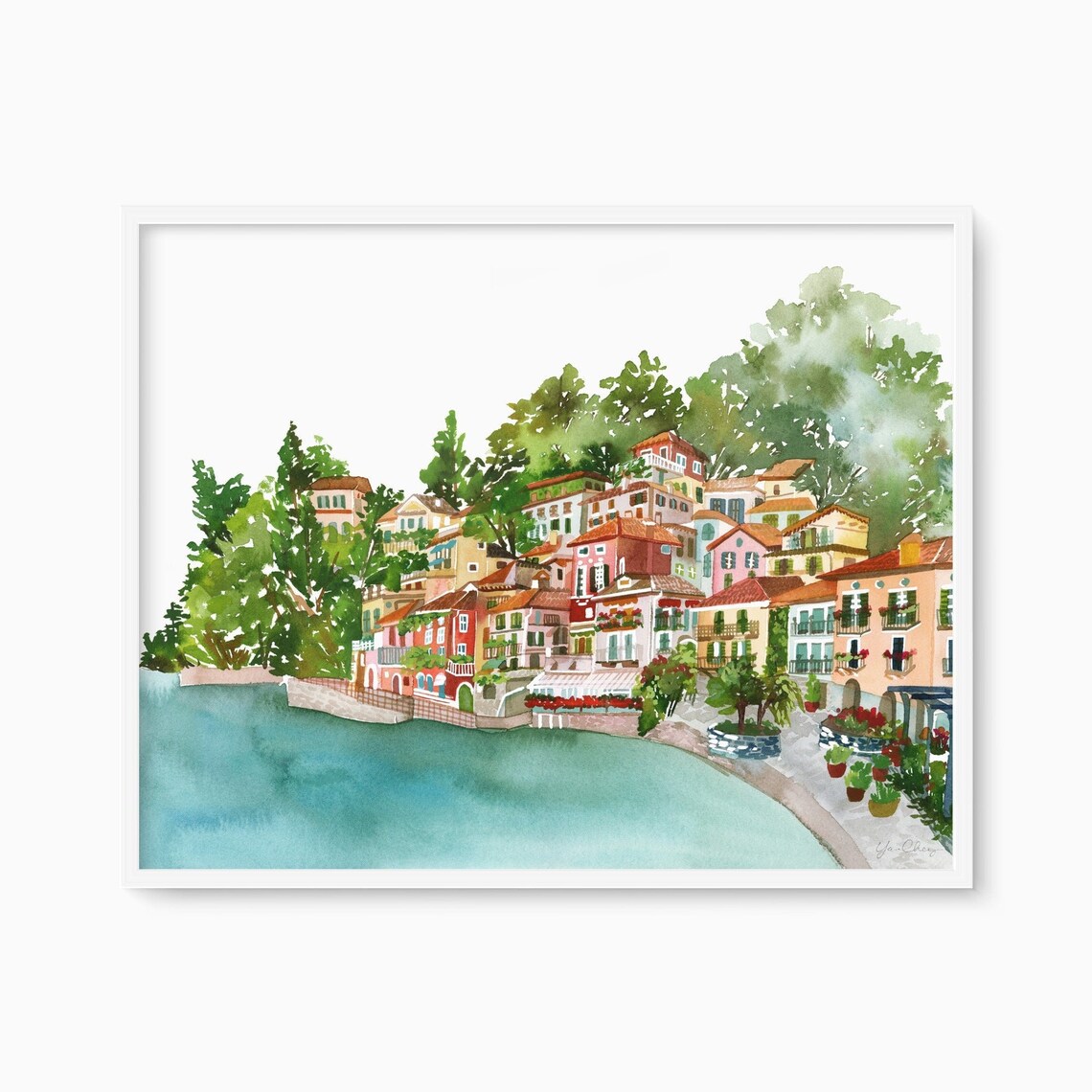 Bellagio Lake Como Watercolor Italian Village Harbor Art Poster