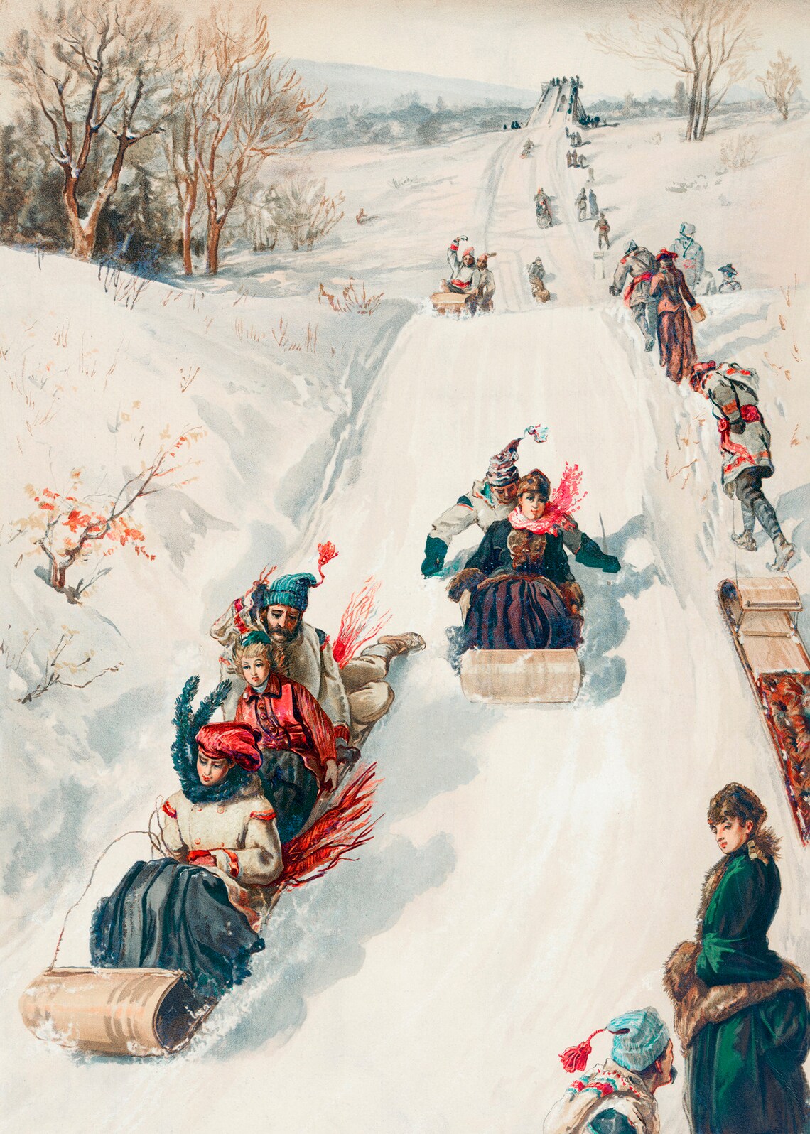 Vintage Christmas Sledding Art Print, Holiday Scene - Image 2
