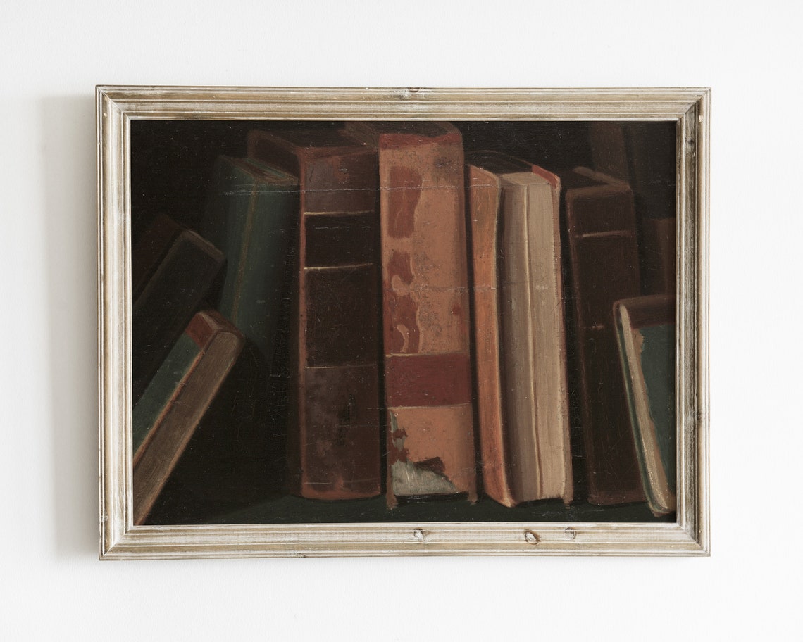 Vintage Book Painting Antique Library Decor Moody Still Life Wall Art Art