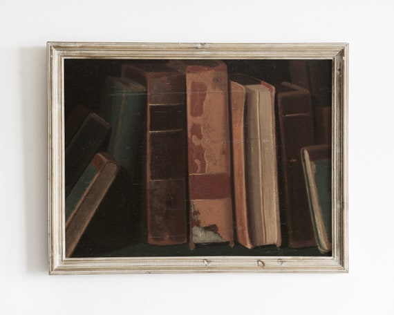 Vintage Book Painting Antique Library Decor Moody Still Life Wall Art Art