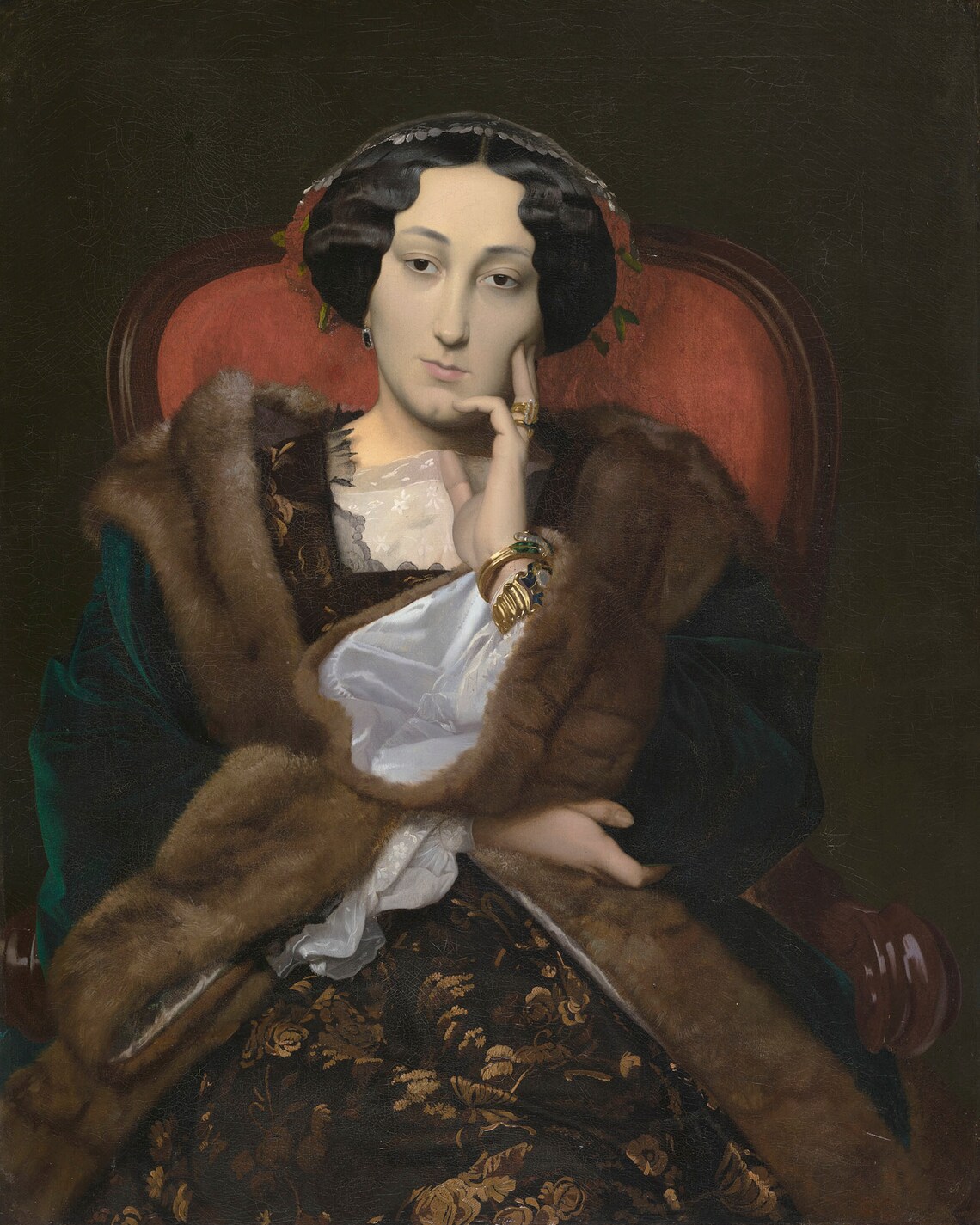 Grand Vintage Portrait of Lady in Fur Stole Oil Painting Poster - Image 3