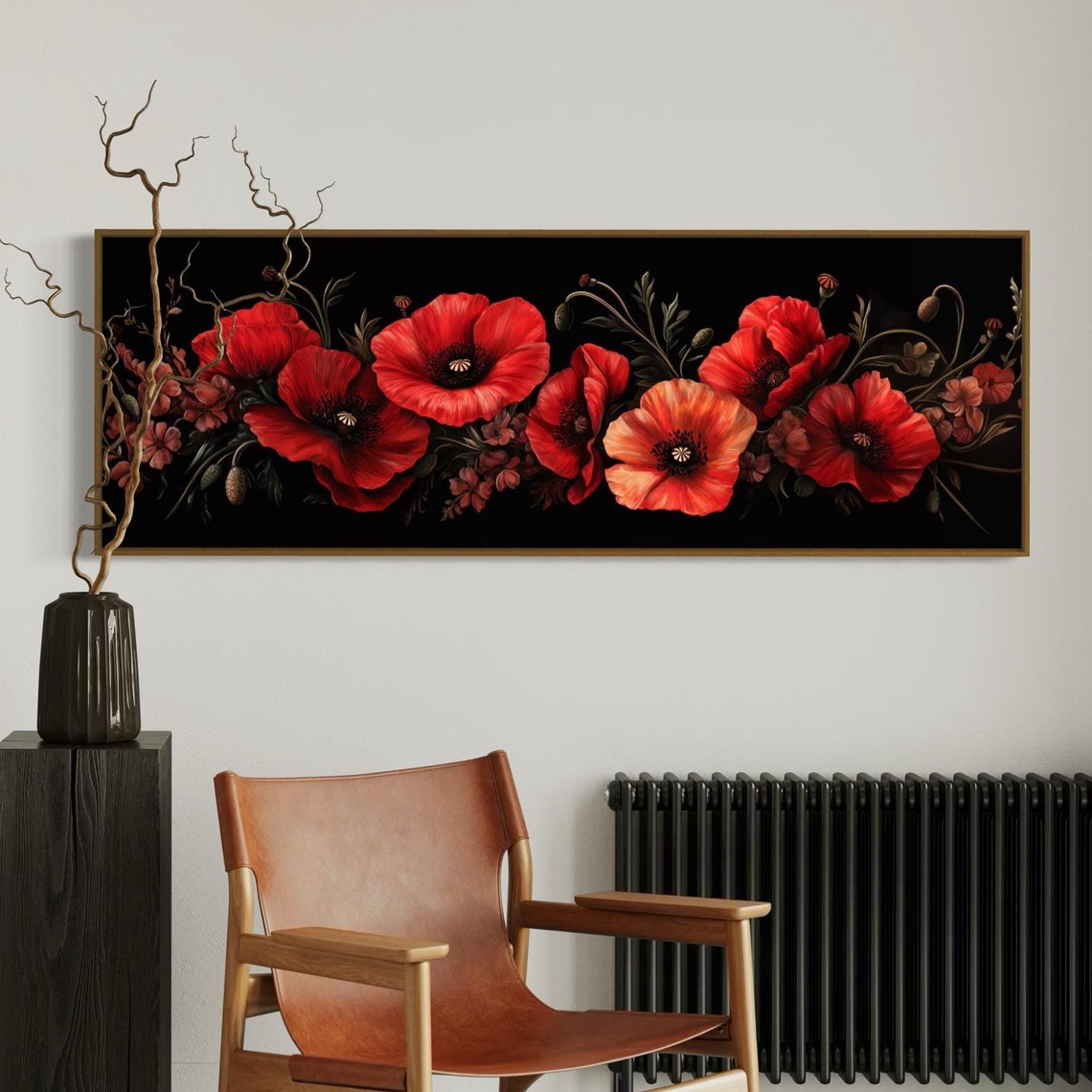 Bold Red Poppy Floral Dark Background Panoramic Elegant Poster
