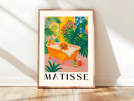 Golden Dachshund Puppy in Bathtub Tropical Matisse Style Poster